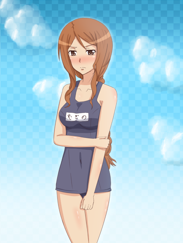 blush brown_eyes brown_hair lieass long_hair mugino_shizuri one-piece_swimsuit solo swimsuit to_aru_kagaku_no_railgun to_aru_majutsu_no_index