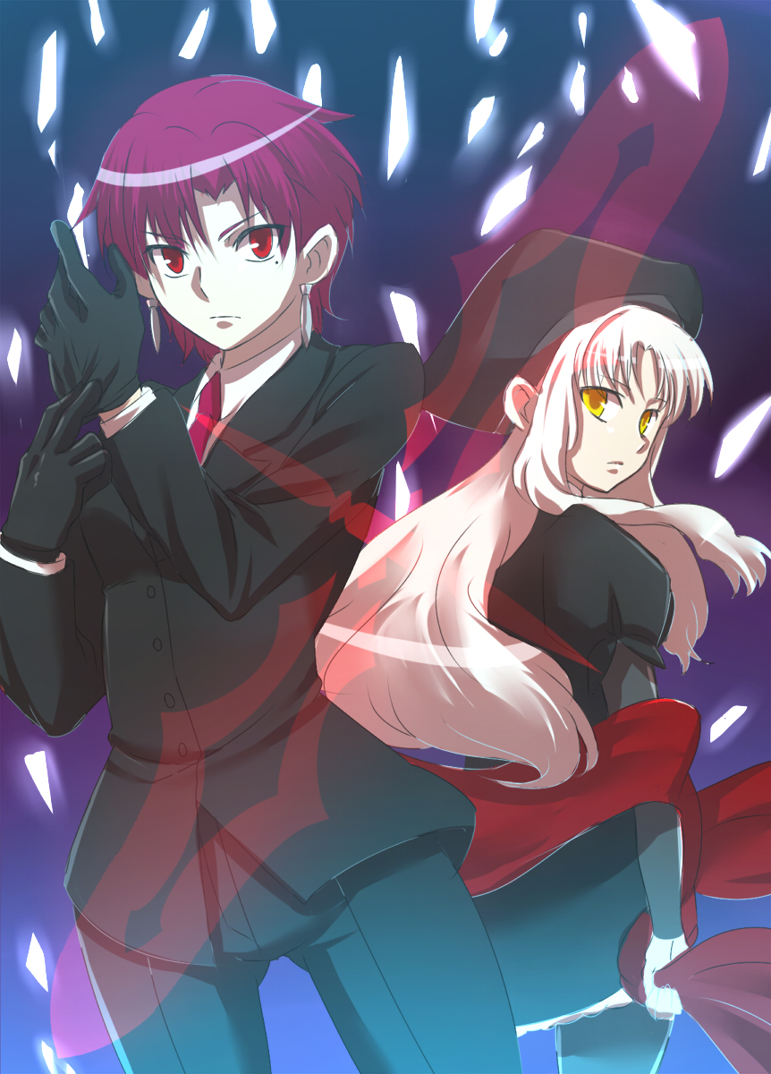 bazett_fraga_mcremitz caren_hortensia earrings fate/hollow_ataraxia fate_(series) formal gloves hat highres jewelry layered_sleeves long_hair mole mole_under_eye multiple_girls necktie pant_suit pantyhose purple_hair red_eyes short_hair shroud_of_magdalene suit urako white_hair yellow_eyes