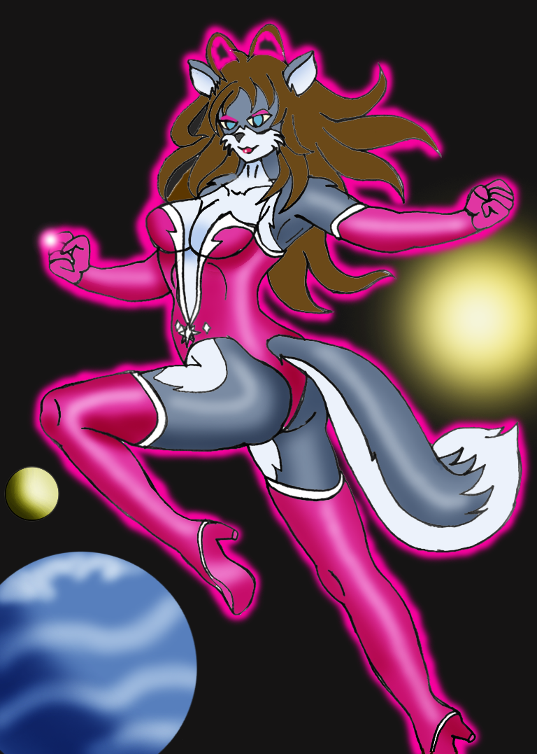 art blackwind_zero breasts brown_hair canine cleavage clothed clothing cosplay dc_comics fan female fox fur grey_fur hair invalid_color lantern_corps mammal outer outer_space pink_clothing power power_ring ring sapphire skinsuit solo space star star_sapphire stars