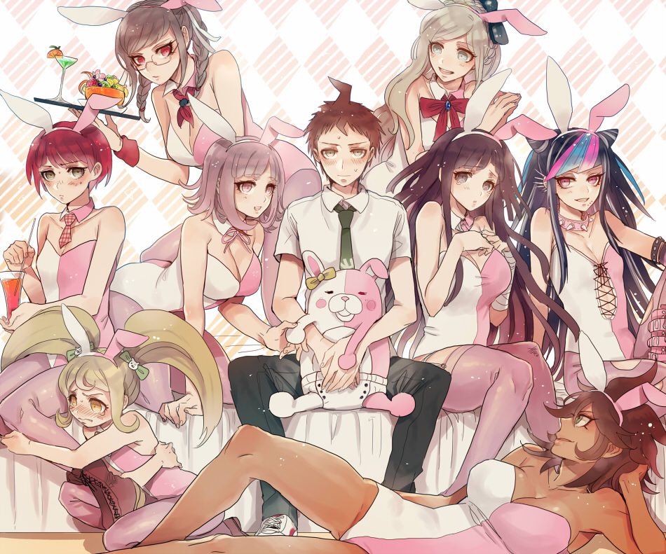 6+girls :d animal_ears bad_id bad_pixiv_id black_hair blonde_hair blush boots bow braid breasts brown_hair bunny_ears bunnysuit cleavage danganronpa dark_skin detached_collar drinking_straw food fruit glass glasses green_eyes grey_hair hair_bow harem hinata_hajime holding inseki_tarou koizumi_mahiru large_breasts leotard long_hair looking_at_viewer lying medium_breasts mioda_ibuki monomi_(danganronpa) multicolored_hair multiple_girls nanami_chiaki on_side open_mouth orange orange_slice owari_akane pantyhose pekoyama_peko pink_legwear red_hair saionji_hiyoko shirt short_hair silver_hair sitting smile sonia_nevermind stuffed_animal stuffed_bunny stuffed_toy super_danganronpa_2 sweat sweatdrop tears thighhighs torn_clothes torn_legwear tray tsumiki_mikan twin_braids twintails white_background white_shirt yellow_eyes