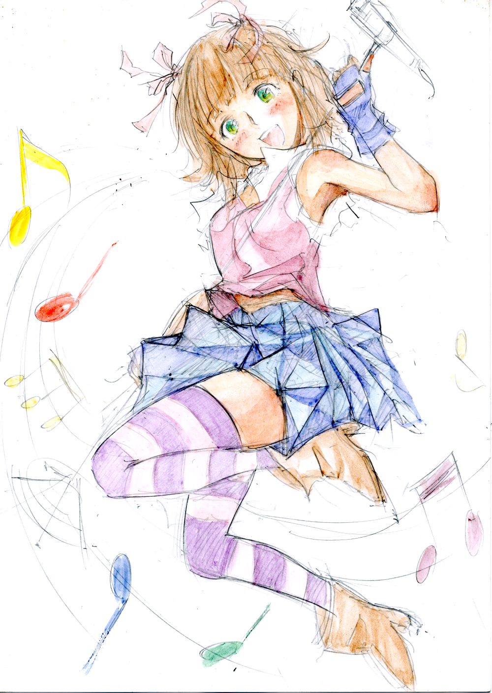 amami_haruka brown_hair green_eyes highres ice2002 idolmaster idolmaster_(classic) musical_note open_mouth smile solo striped striped_legwear thighhighs traditional_media
