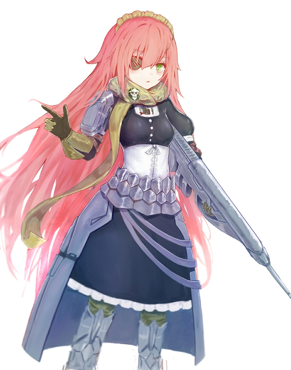 1girl armor blush brown_gloves brown_scarf buttons cz2128_delta eyepatch gloves greaves green_eyes hei_xue highres holding holding_weapon lapel_pin long_hair maid maid_headdress needle overlord_(maruyama) parted_lips pin pink_hair scarf simple_background solo weapon white_background zipper
