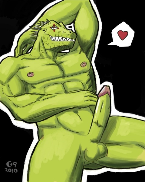 &lt;3 abs anthro arms_behind_head balls biceps big big_muscles big_penis dorohedoro erection fangs flexing green_skin horn invalid_color kaiman looking_at_viewer male muscles narc narc-narc nipples nude pecs penis pose presenting reclining reptile scales scalie showing_off sitting smile smirk solo tattoo