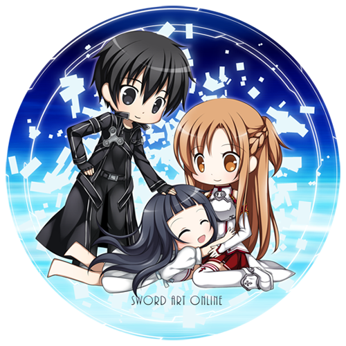 2girls aoilio asuna_(sao) black_hair breastplate brown_eyes brown_hair chibi closed_eyes copyright_name kirito long_hair lowres multiple_girls short_hair sword_art_online thighhighs transparent_background yui_(sao)