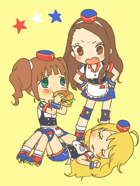 apron blonde_hair brown_eyes brown_hair burger_skater_(idolmaster) food green_eyes hamburger hat hoshii_miki idolmaster idolmaster_(classic) long_hair minase_iori moji_(ooyr) multiple_girls roller_skates simple_background skates sleeping takatsuki_yayoi twintails wristband yellow_background