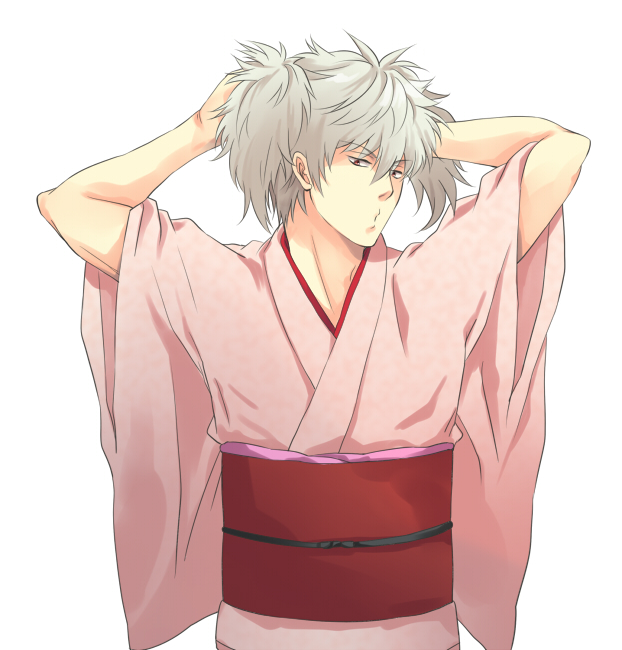 adjusting_hair crossdressing gintama grey_hair japanese_clothes kimono male_focus natsuwo o3o red_eyes sakata_gintoki short_twintails silver_hair solo twintails tying_hair