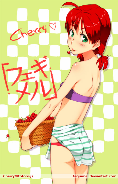 ahoge bandeau bare_shoulders basket checkered checkered_background cherry feguimel food fruit green_eyes green_sarong holding looking_back midriff mouth_hold original panties red_hair sarong short_twintails solo strapless striped striped_sarong tubetop twintails underwear watermark web_address