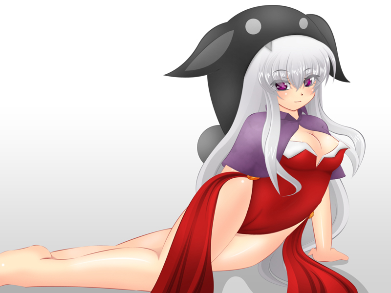 1girl arm_support barefoot breasts cap cleavage female good-lemon-tea hat legs long_hair lying on_side purple_eyes silver_hair simple_background solo