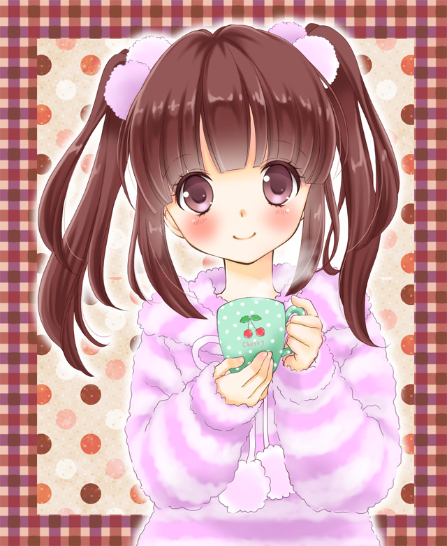 blush brown_eyes brown_hair cup holding hood hoodie idolmaster idolmaster_cinderella_girls looking_at_viewer loungewear morinoamane ogata_chieri smile solo striped teacup twintails