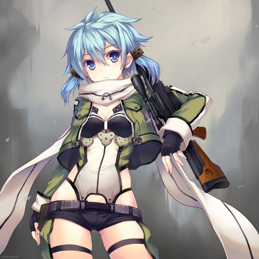 blue_eyes blue_hair fingerless_gloves gloves gun hair_ornament hairclip looking_at_viewer momoko_(momopoco) pgm_hecate_ii rifle scarf short_shorts shorts sinon sniper_rifle solo sword_art_online thigh_strap twintails weapon