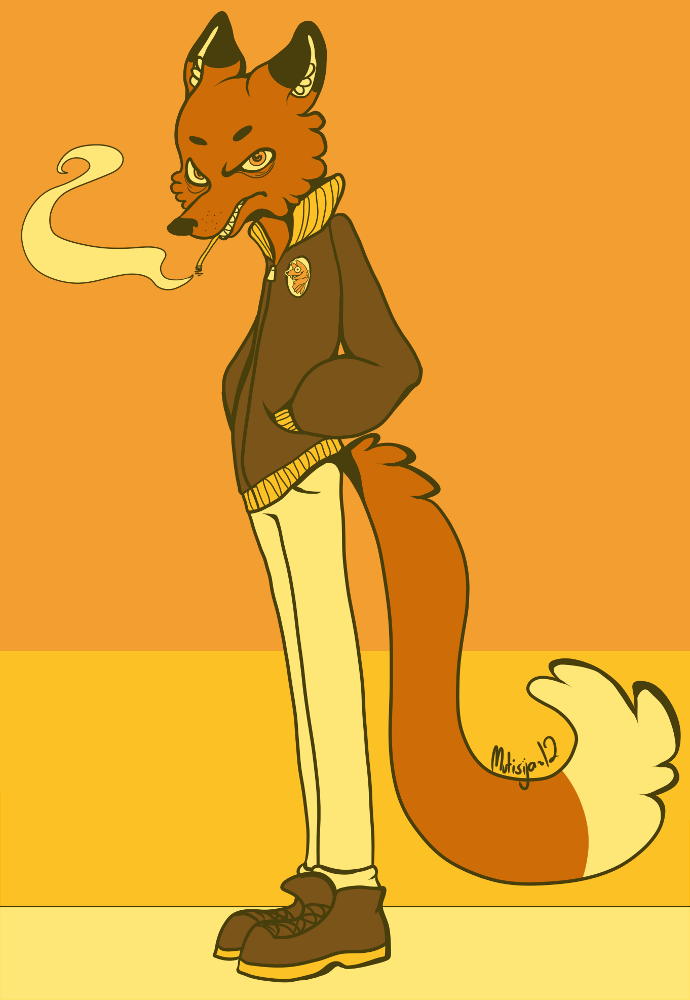 canine cigarette clothing fox fur looking_at_viewer male mammal mutisija orange_fur orange_theme smoke smoking solo standing warm_colors