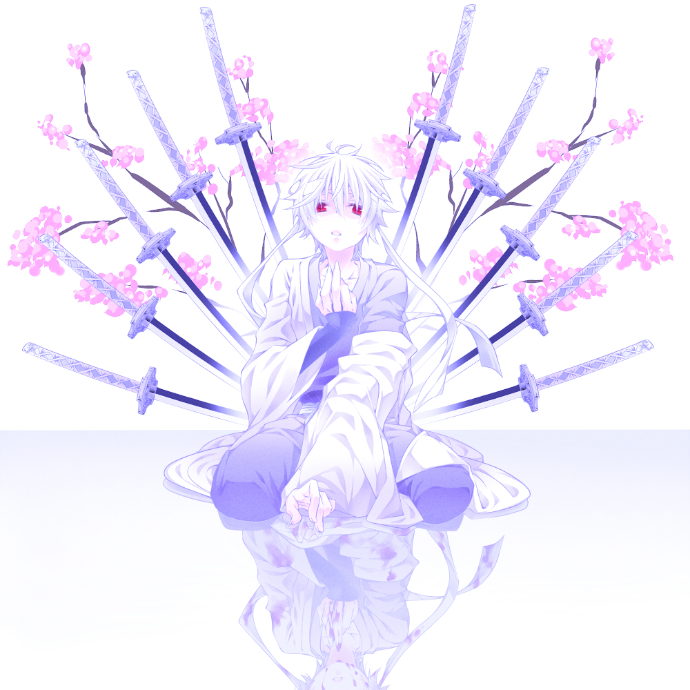 blood cherry_blossoms different_reflection gintama headband japanese_clothes joui katana male_focus pale_color planted_sword planted_weapon red_eyes reflection sakata_gintoki silver_hair solo sorato_(0sorazora0) sword weapon