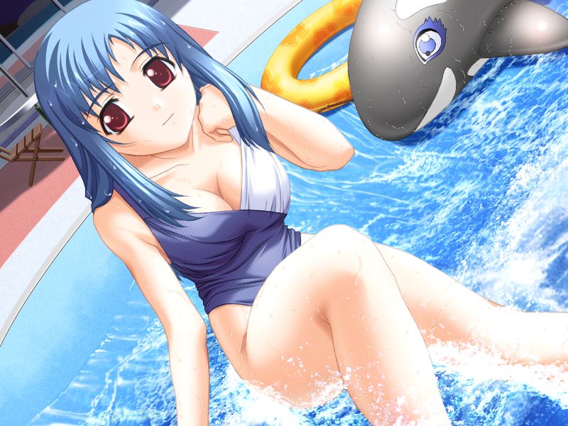 adjusting_hair blue_hair breasts casual_one-piece_swimsuit chair cherish_pizza_wa_ikaga_desu_ka cleavage dutch_angle folding_chair game_cg inflatable_orca inflatable_toy innertube knee_up large_breasts light_smile long_hair looking_at_viewer non-web_source one-piece_swimsuit pool red_eyes shallow_water sitting solo sumikawa_itsumi swimsuit table tajima_nao water whale