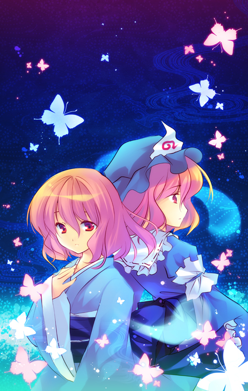 back-to-back bug butterfly dual_persona expressionless ghost hand_on_own_chest hat insect japanese_clothes kimono multiple_girls no_hat no_headwear pink_hair red_eyes saigyouji_yuyuko shinia short_hair touhou
