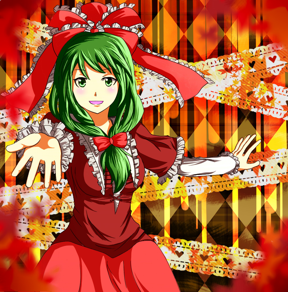 blush bow breasts dress frills front_ponytail green_eyes green_hair hair_bow hair_ornament hair_ribbon hands igakusei kagiyama_hina long_hair long_sleeves looking_at_viewer medium_breasts open_mouth outstretched_arms reaching red_dress ribbon smile solo touhou