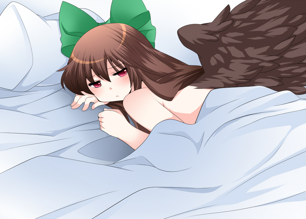 bad_id bad_pixiv_id bed black_wings blush bow brown_hair commentary_request hair_bow hammer_(sunset_beach) long_hair nude pillow red_eyes reiuji_utsuho solo touhou under_covers wings