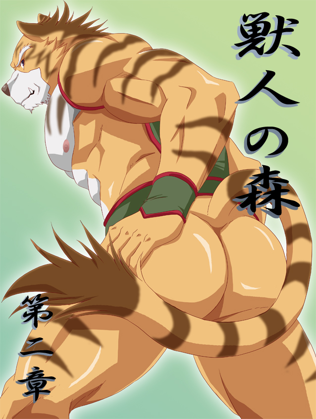 anthro beastmen_forest belt biceps big_muscles body_markings bottomless bracelet brown_fur butt clothed clothing fangs feline fur half-dressed japanese_text jewelry kemono looking_at_viewer male mammal markings mooning muscles nipples nude orange_fur pecs pose solo standing stripes text tiger topless unknown_artist white_fur yukinodeku