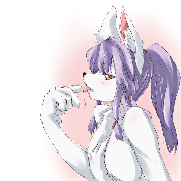 anthro black_nose blush breast_fondling breasts canine drooling ears_up female fondling fox hair licking looking_at_viewer plain_background purple_hair saliva side_boob tongue tongue_out tosoutoryou tuft white_fur yellow_fur