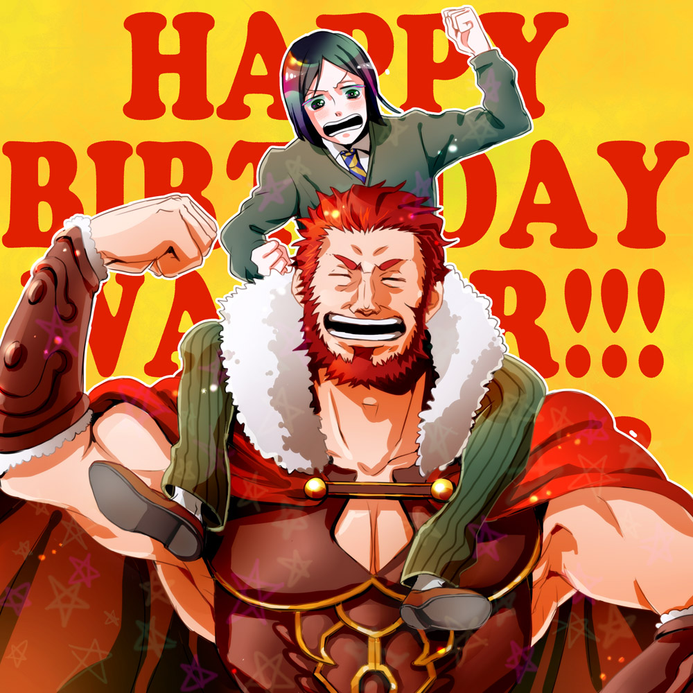 armor bad_id bad_pixiv_id bangs beard birthday black_eyes black_hair bob_cut carrying cicca facial_hair fate/zero fate_(series) male_focus multiple_boys parted_bangs red_eyes red_hair rider_(fate/zero) shoulder_carry vambraces