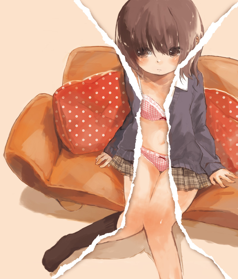 black_legwear blush bra brown_eyes brown_hair couch kneehighs navel oomiya original page_tear panties pillow plaid plaid_bra plaid_panties plaid_skirt revealing_cutout short_hair sitting skirt solo underwear