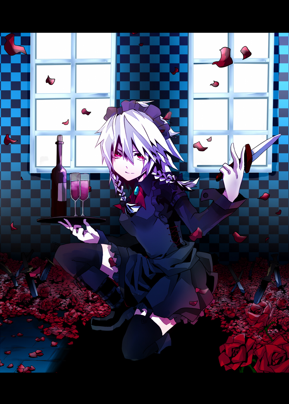 black_legwear boots bottle braid checkered checkered_floor cup dress drinking_glass flower garter_straps hair_ribbon highres izayoi_sakuya knife letterboxed maid_headdress mephist-pheles petals red_eyes ribbon rose silver_hair solo squatting thighhighs touhou tray twin_braids weapon window wine_glass