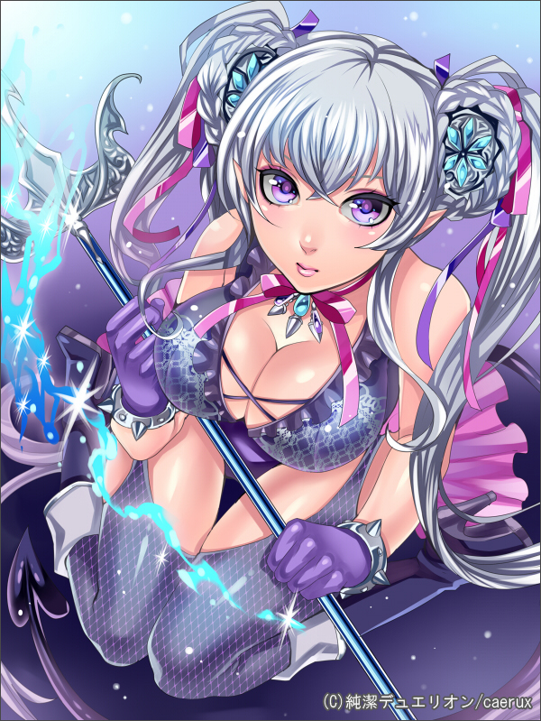 bad_id bad_pixiv_id bare_shoulders breasts cleavage copyright_name junketsu_duelion large_breasts lips lobelia_draincherry long_hair matsurika_youko official_art purple_eyes silver_hair solo staff thighhighs translated