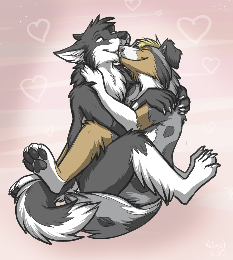 &lt;3 ambiguous_gender anthro australian_shepherd canine claws couple duo hair hindpaw hug keihound licking love male mammal mastery_position nude paws plain_background romantic smile soles toes tongue