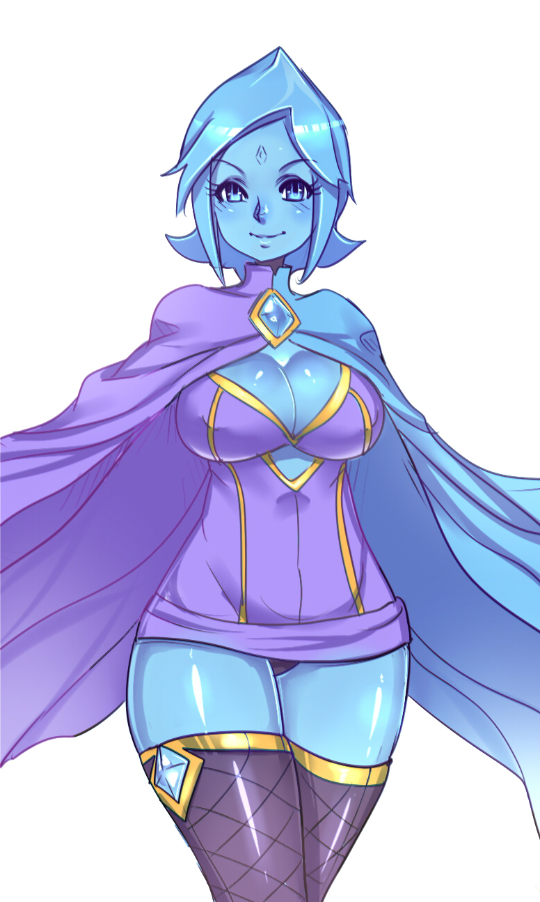 alternate_breast_size alternate_legwear blue_eyes blue_hair blue_skin breasts cape cleavage covered_nipples dress facial_mark fi forehead_mark highres large_breasts maniacpaint no_arms out_of_character short_dress short_hair smile solo the_legend_of_zelda the_legend_of_zelda:_skyward_sword thighhighs