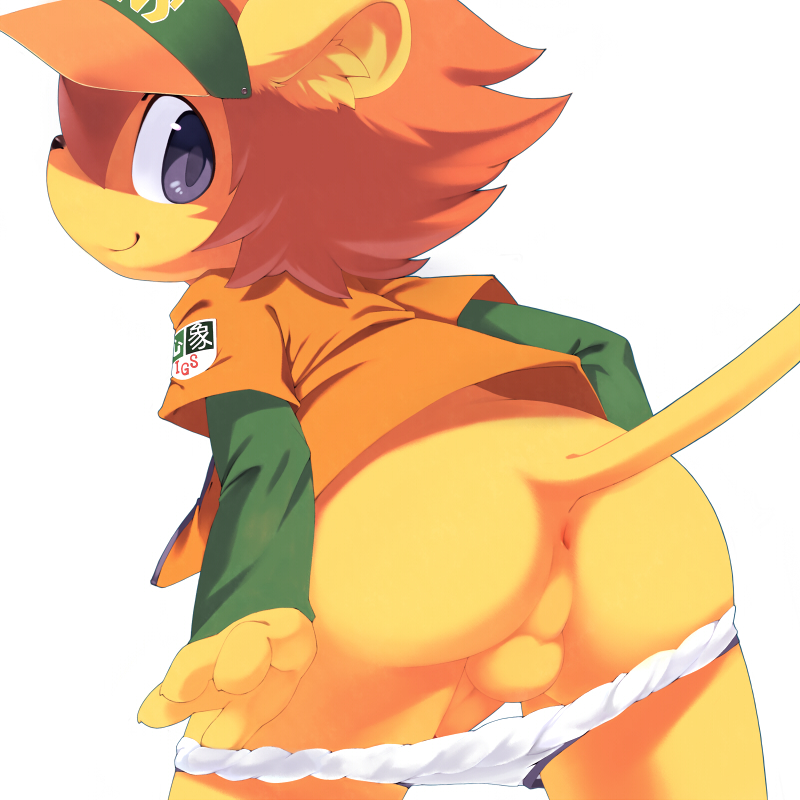 balls black_nose blue_eyes butt cub erection feline fur hair hat lion looking_at_viewer looking_back male mammal mumu nails orange_hair penis plain_background presenting raised_tail school_uniform small_penis smile smooth solo underwear uniform white_background yellow_fur young