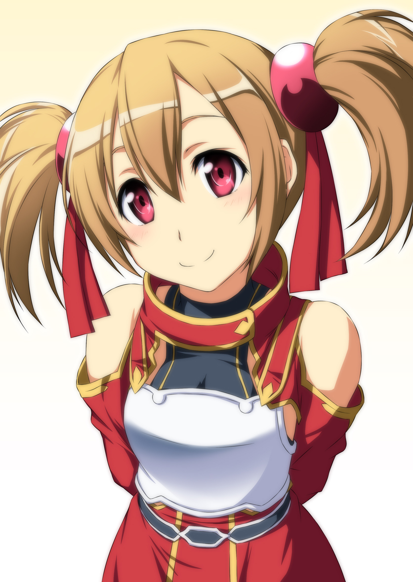 bare_shoulders breastplate brown_hair hair_ribbon nori_tamago red_eyes ribbon silica simple_background smile solo sword_art_online twintails white_background