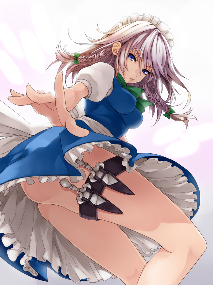 ass bare_legs blush bow braid breasts hair_bow izayoi_sakuya knife looking_at_viewer maid maid_headdress medium_breasts outstretched_arm settyaro silver_hair simple_background solo thigh_strap touhou twin_braids white_background