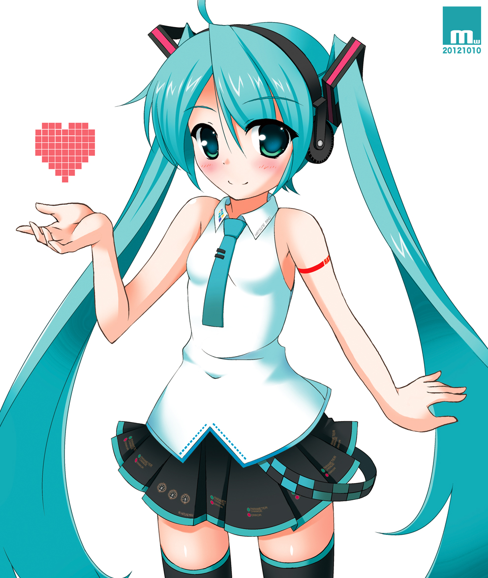 2012 ama_(monochrome_works) aqua_hair bad_id bad_pixiv_id blush dated green_eyes hatsune_miku headphones heart long_hair necktie simple_background skirt smile solo thighhighs twintails very_long_hair vocaloid vocaloid_(lat-type_ver) white_background