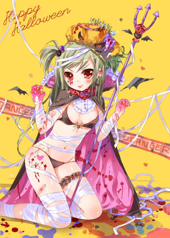 &gt;:) :p bad_id bad_pixiv_id bandages bandaid bandaid_on_arm bandaid_on_elbow bandaid_on_leg black_bra black_panties blush bra cape crown demon_wings food green_hair hair_ornament heart kneeling long_hair looking_at_viewer navel original paint panties polearm red_eyes shiny shiny_skin side_ponytail skull_hair_ornament smile sodapop_(iemaki) solo sweets tongue tongue_out trident underwear v-shaped_eyebrows weapon wings yellow_background