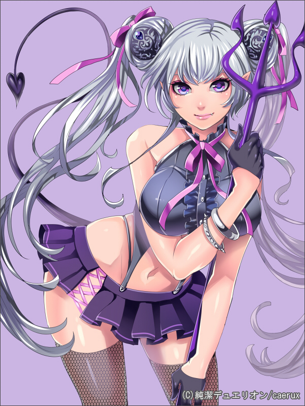 bad_id bad_pixiv_id bare_shoulders breasts copyright_name demon_tail fang junketsu_duelion large_breasts lips lobelia_draincherry long_hair matsurika_youko navel official_art pitchfork purple_eyes silver_hair smile solo tail thighhighs translated