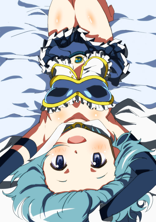 barefoot blue_eyes blue_hair blush breasts cape elbow_gloves frills gloves lying magical_girl mahou_shoujo_madoka_magica mesushirindaa miki_sayaka on_bed skirt small_breasts smile solo upside-down