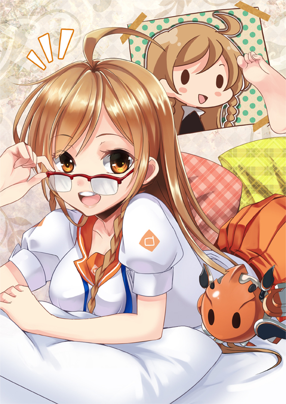 :d ahoge blush_stickers braid brown_eyes brown_hair culture_japan glasses long_hair looking_at_viewer lying on_stomach open_mouth pillow saisou_(2ndere) single_braid skirt smile solid_oval_eyes solo suenaga_mirai