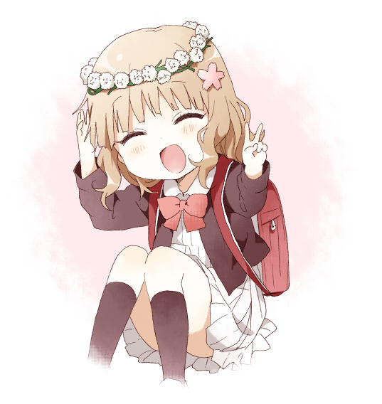 :d ^_^ backpack bag black_legwear blonde_hair bow child closed_eyes dress flower hair_flower hair_ornament head_wreath jacket jpeg_artifacts kneehighs namori oomuro_sakurako open_mouth randoseru skirt smile solo v younger yuru_yuri