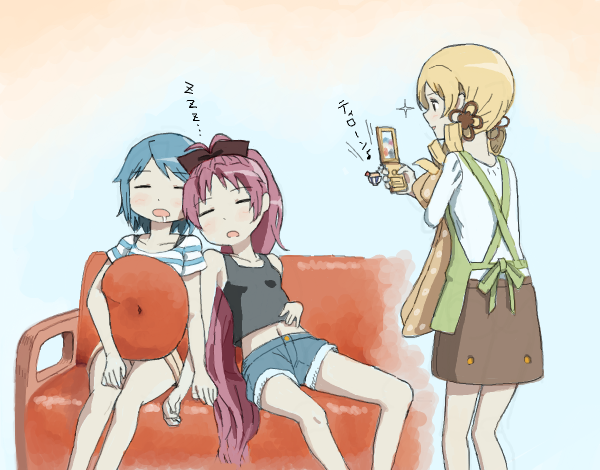 apron blush casual cellphone couch cushion drooling leaning leaning_on_person long_hair mahou_shoujo_madoka_magica midriff miki_sayaka multiple_girls nao-08 open_mouth phone sakura_kyouko shorts sitting skirt sleeping taking_picture tank_top tomoe_mami translated very_long_hair zzz