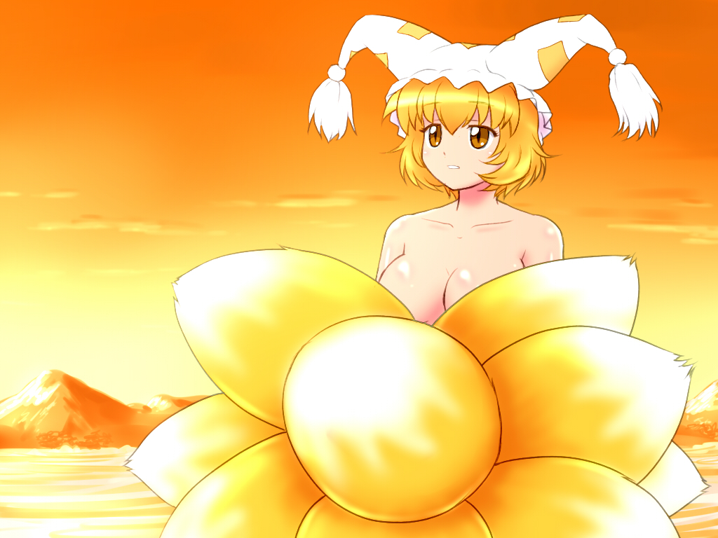 blonde_hair breasts cleavage collarbone covering covering_breasts fox_tail hat large_breasts mountain multiple_tails nude red_sky shirosato short_hair sky solo sunset tail touhou yakumo_ran yellow_eyes