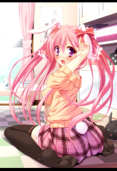 :d animal_ears black_legwear blush bunny_ears bunny_tail checkered checkered_floor curtains letterboxed long_hair open_mouth original pink_hair purple_eyes sitting smile solo tail thighhighs twintails wariza yayoi_and_nagi