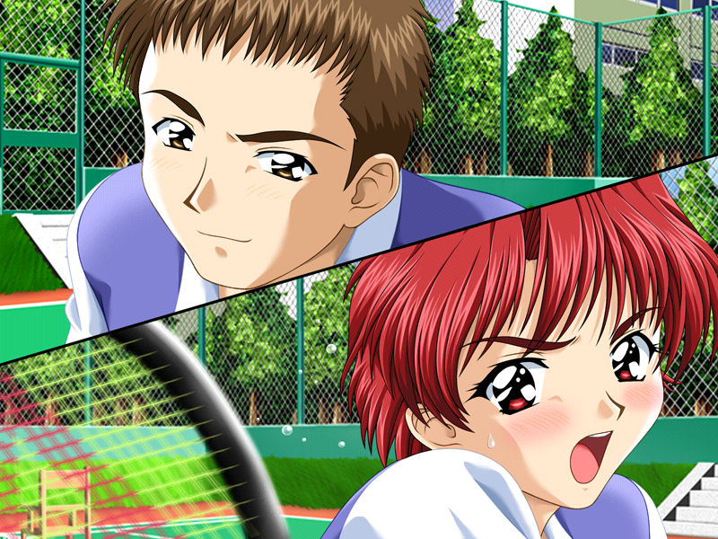 1boy 1girl brown_hair character_request doushin racket red_hair short_hair sport sports suruga_maki