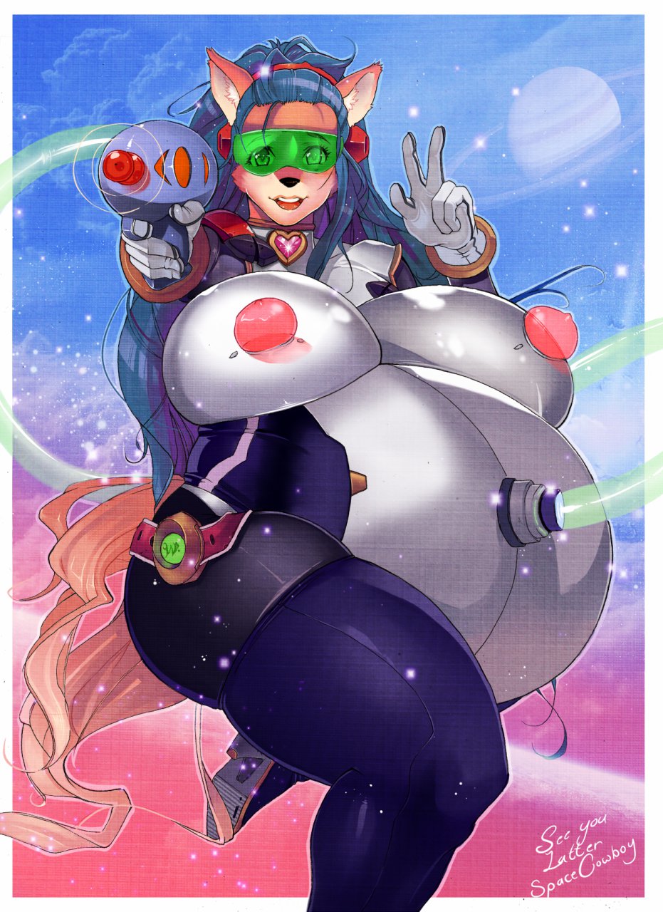 &lt;3 belly big_breasts black_nose blue_hair breasts chubby clothed clothing eyewear female fur glasses gloves gun hair heels high_heels inflation lips long_hair looking_at_viewer orange_fur overweight quickdraw ranged_weapon smile solo space thick_thighs thighs tight_clothing weapon