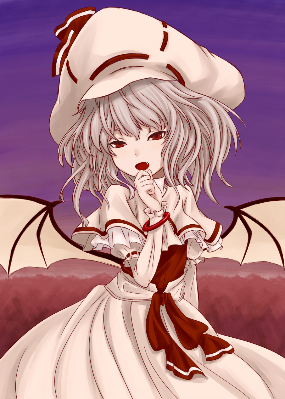 bat_wings bracelet capelet curiosities_of_lotus_asia fang hat hat_ribbon highres jewelry long_sleeves open_mouth red_eyes remilia_scarlet ribbon short_hair silver_hair solo touhou wings yamayama3246