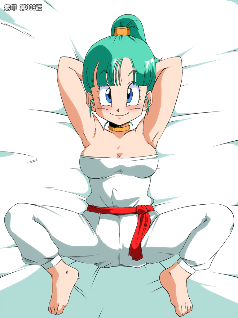 blue_eyes blush breasts bulma dragon_ball green_hair looking_at_viewer old_school_academy smile solo spread_legs