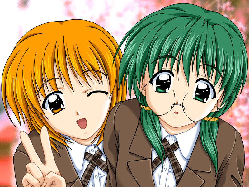 2girls doushin game_cg glasses green_hair happy komiya_haruto multiple_girls orange_hair satonaka_kei short_hair suruga_miho v