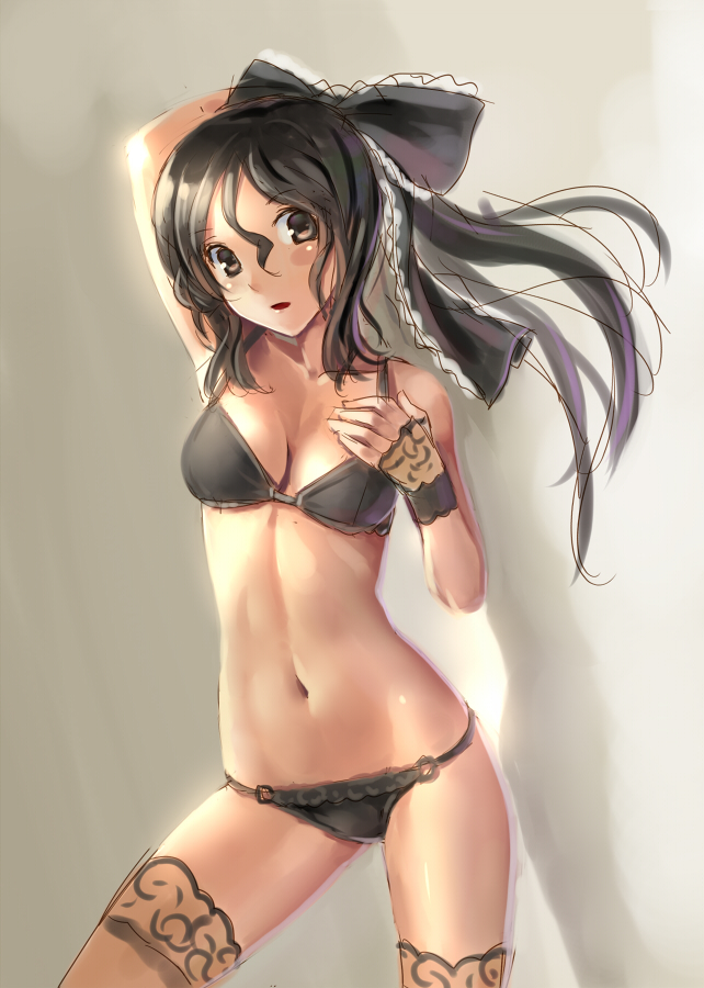 arm_up bare_shoulders black_bra black_eyes black_gloves black_hair black_legwear black_panties bow bra breasts cleavage contrapposto cowboy_shot fingerless_gloves gloves hair_bow katahira_masashi lace lace-trimmed_thighhighs lace_gloves long_hair looking_at_viewer medium_breasts navel o-ring o-ring_bottom original panties parted_lips ponytail shiny shiny_skin sketch solo standing thighhighs underwear underwear_only