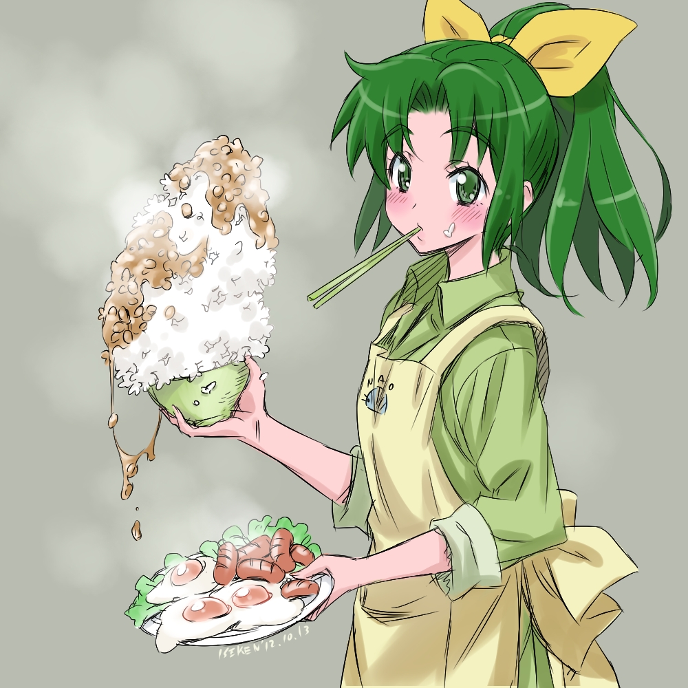 apron artist_name blush bowl chopsticks dated egg food food_on_face green_eyes green_hair green_shirt holding isedaichi_ken midorikawa_nao mouth_hold nattou plate ponytail precure rice sausage shirt sketch sleeves_rolled_up smile_precure! solo sunny_side_up_egg