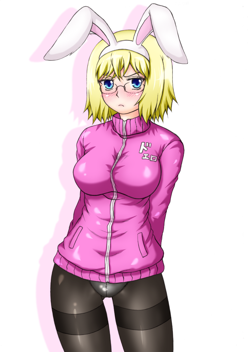 animal_ears black_legwear blonde_hair blue_eyes blush breasts bunny_ears character_request copyright_request crotch_seam frown fuyutsuki_hide glasses highres jacket looking_at_viewer medium_breasts no_pants panties panties_under_pantyhose pantyhose shadow short_hair simple_background solo thighband_pantyhose track_jacket underwear