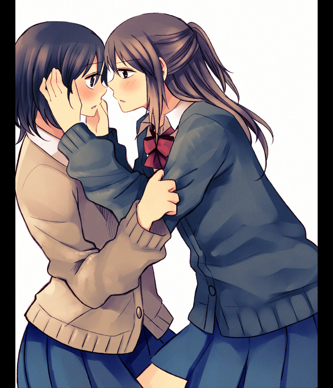 blush brown_eyes brown_hair cardigan eye_contact eyebrows_visible_through_hair from_side hachiko_(hati12) hands_on_another's_face long_hair long_sleeves looking_at_another multiple_girls original pillarboxed school_uniform sidelocks simple_background skirt white_background yuri