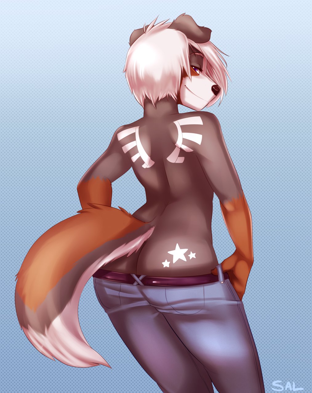 anthro back black_nose body_markings butt canine dog girly gradient_background grey_background grin hair hands_on_hips jeans looking_at_viewer looking_back looking_behind male mammal markings plain_background playful pose purple_eyes salkitten short_hair smile socks_(marking) solo standing star texture_background topless undressing white_hair